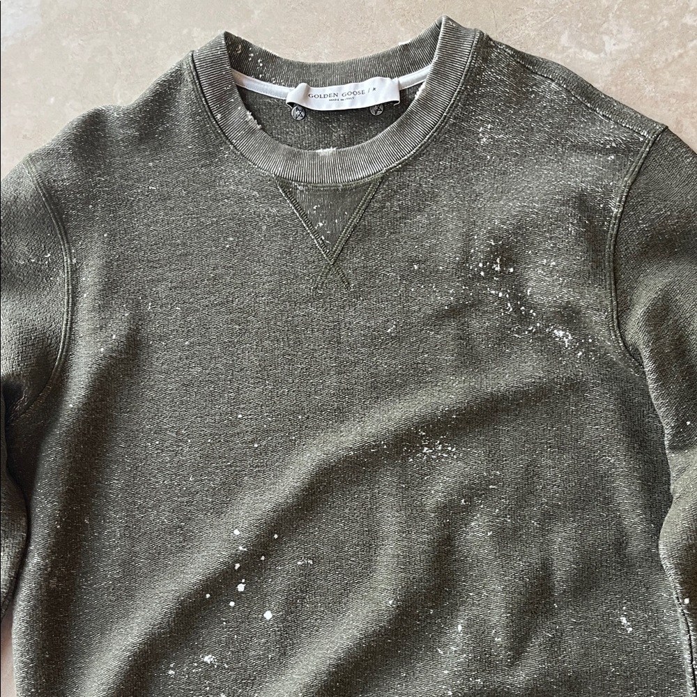 Golden Goose Olive Green Crewneck Sweatshirt with White Speckle Detail